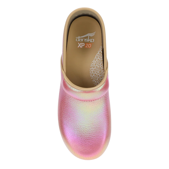 Pink and purple iridescent clog shoe on a white background