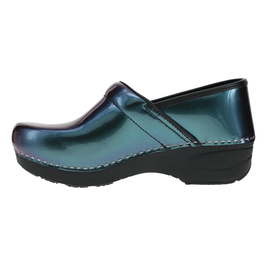 Teal clog shoe on a white background