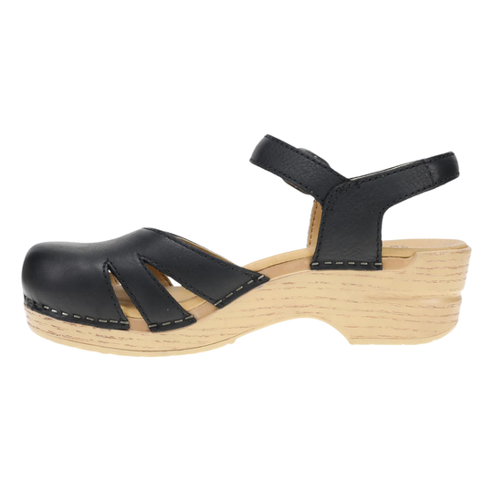 Black clog sandal with wooden sole on a white background