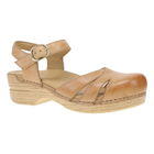 Tan wooden clog sandal with a strap and buckle on a white background