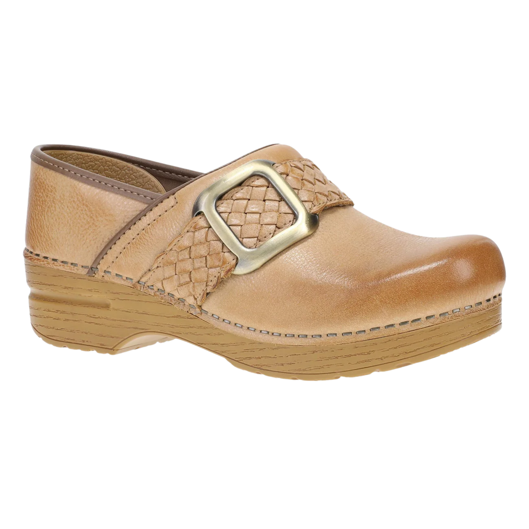 Tan clog shoe with woven strap and gold buckle on a white background