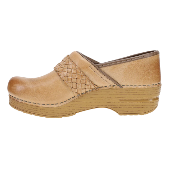 Tan clog shoe with woven detail on a white background