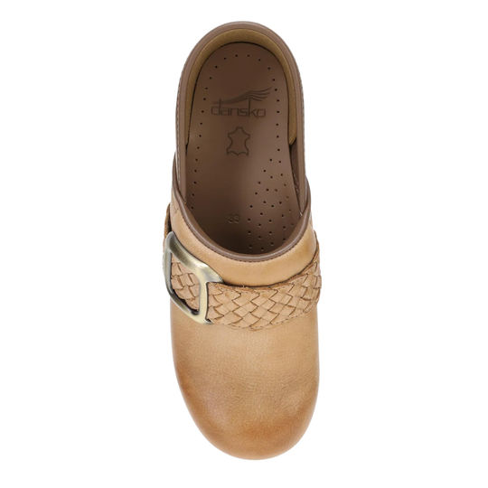 Tan clog shoe with woven design and metallic buckle on a white background
