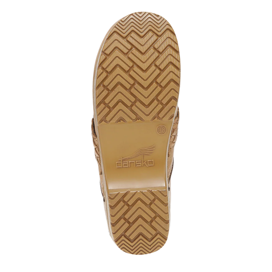 Tan shoe sole with visible brand logo on a white background