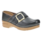 Black leather clog shoe with a gold buckle on a white background