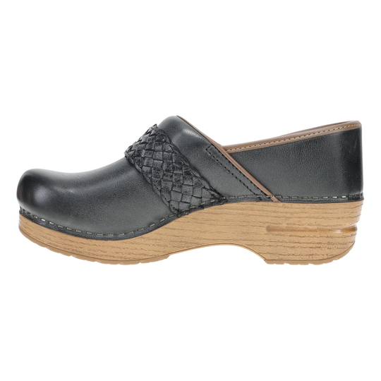 Black leather clog shoe with a wooden sole on a white background