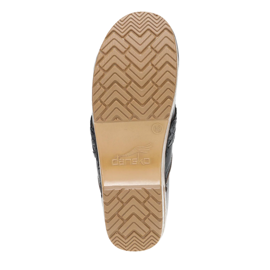 Close-up of a shoe sole with tread pattern and 'danek' branding on a white background