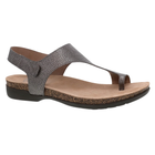 Silver sandal with a brown sole on a white background