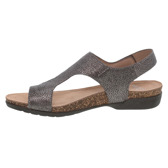 Silver sandal with cork sole on a white background