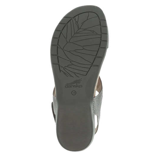 Gray sandal with a visible brand logo on the sole against a white background