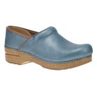 Blue leather clog shoe with wooden sole on a white background