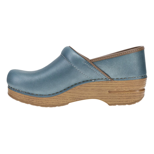 Blue clog shoe with wooden sole on a white background