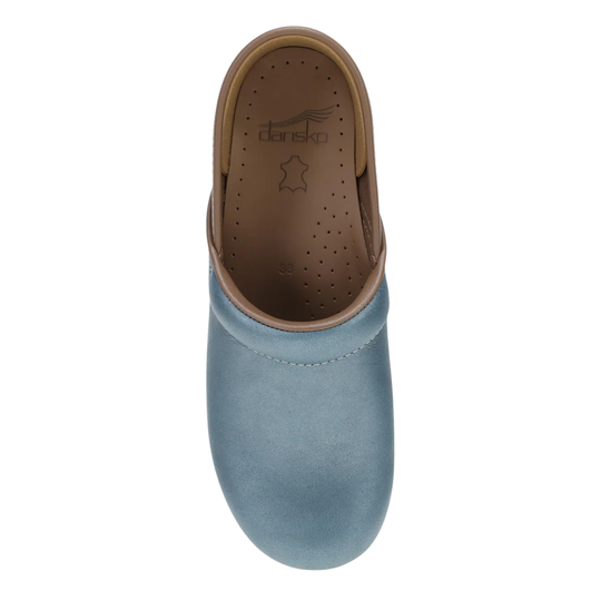 Blue clog shoe with brown interior on a white background