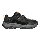 Black and gray hiking shoe with orange accents on a white background