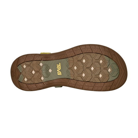 Brown sandal sole with Teva logo and Spider Rubber tread on a white background