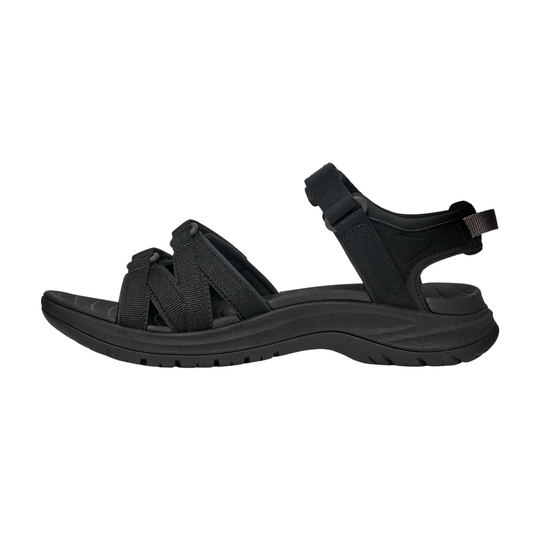 Black sandal with multiple straps on a white background