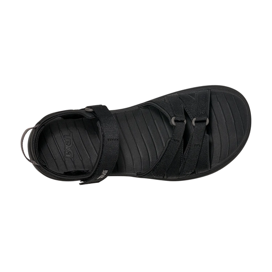 Black sandal with multiple straps on a white background