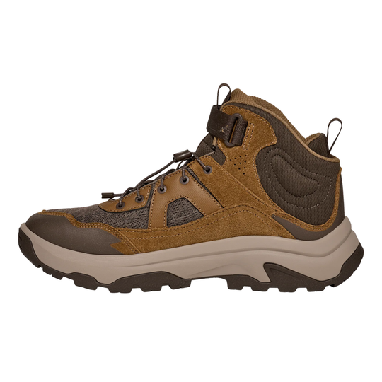 Brown and beige hiking boot on a white background