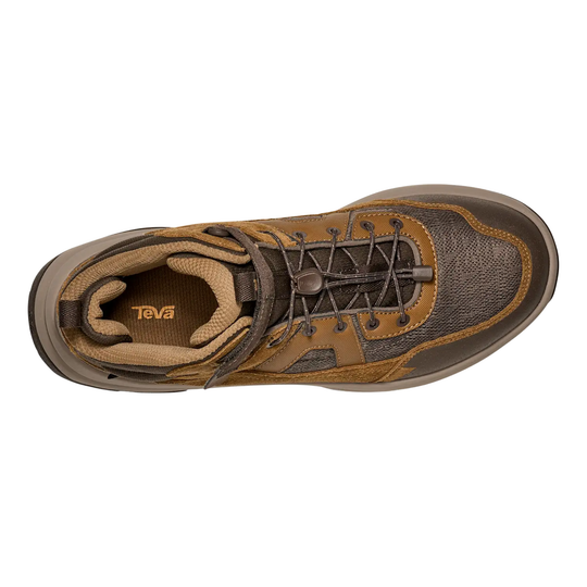 Brown and tan mid-height hiking boot with bungee laces and Teva logo on the insole