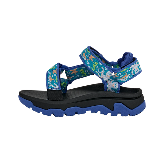 Blue and black sandal with colorful straps on a white background