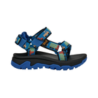 Blue and black sandal with colorful straps on a white background