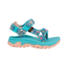 Turquoise and pink sandal with a brand logo on a white background