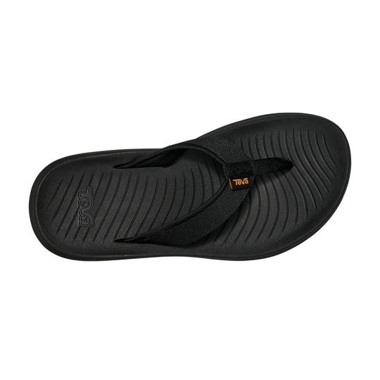 Black sandal with a visible brand logo on a white background