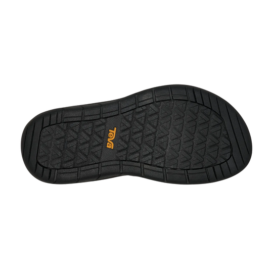 Black shoe sole with orange Teva logo