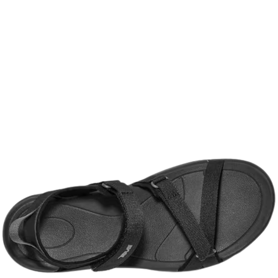 Black sandal with multiple straps on a white background