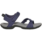 Pair of blue sandals with gray soles on a white background