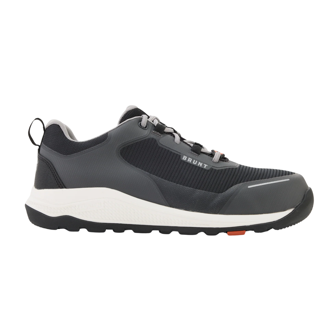 Black and gray athletic shoe with white sole on a white background