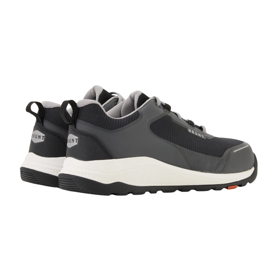 Pair of black and gray shoes with white soles on a white background