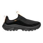 Black slip-on shoe with orange accents on a white background