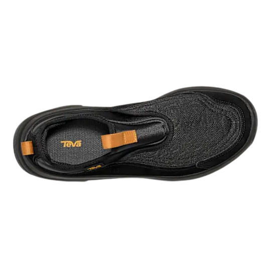 Black slip-on shoe with elastic collar, woven upper, and orange pull tabs, shown from above