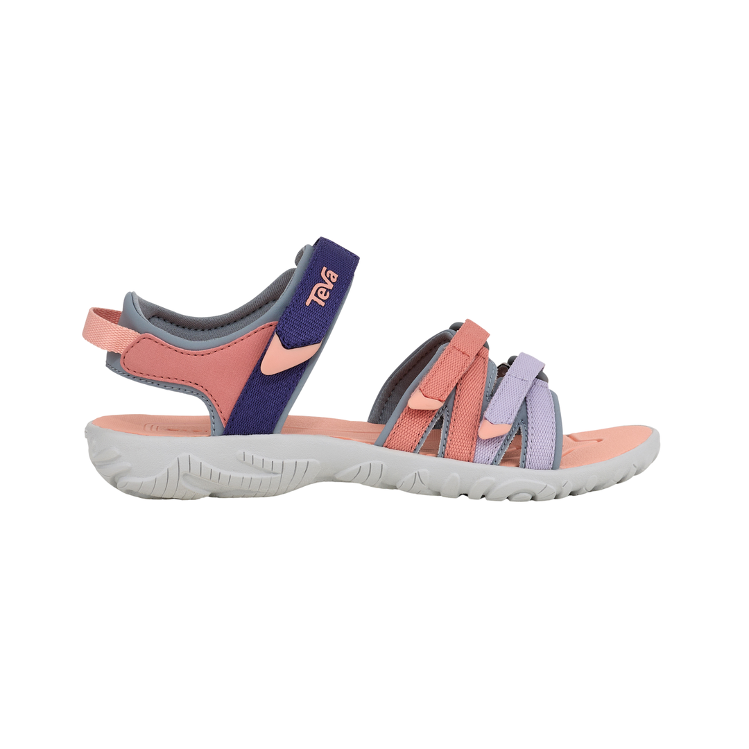 Pink and lavender kids' hiking sandals with gray soles and visible Teva branding