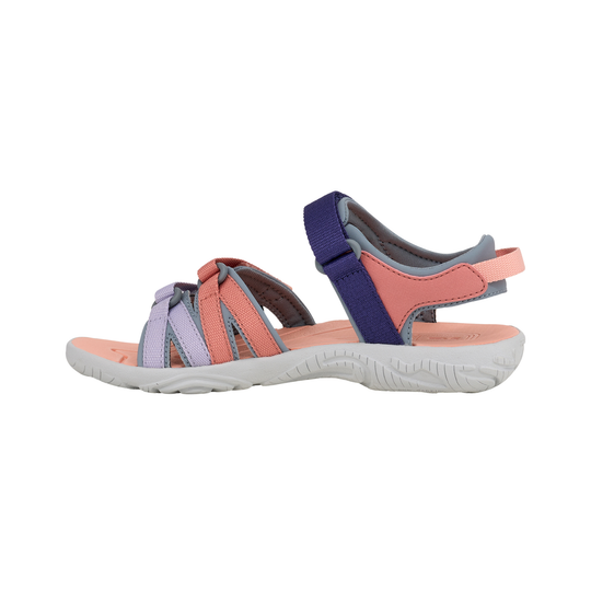 Multicolored sandal with purple, pink, and gray straps on a white background