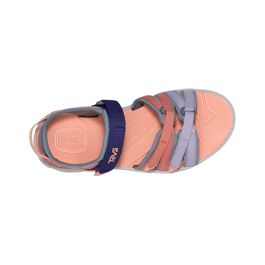 Coral sandal with purple straps on a white background