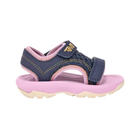 Pink and navy sandal with a visible brand logo on a white background