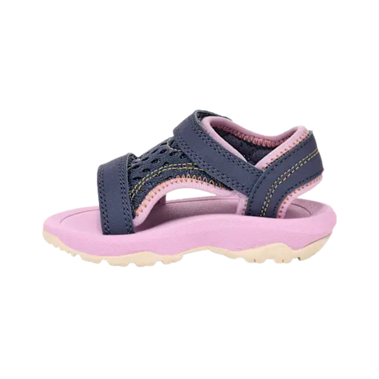 Pink and navy sandal on a white background