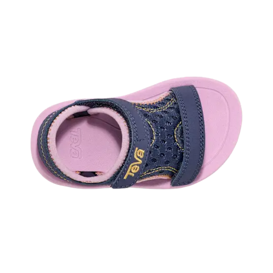Pink and navy toddler sandal with two hook-and-loop straps and Teva branding