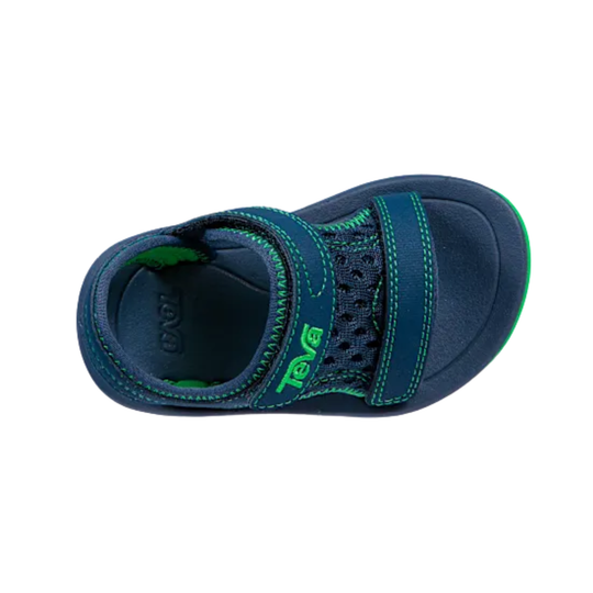 Blue children's sandal with green accents on a white background