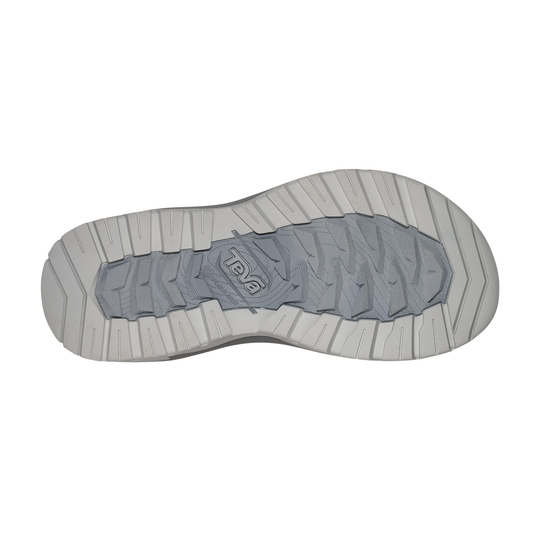 Gray shoe sole with a brand logo on a white background