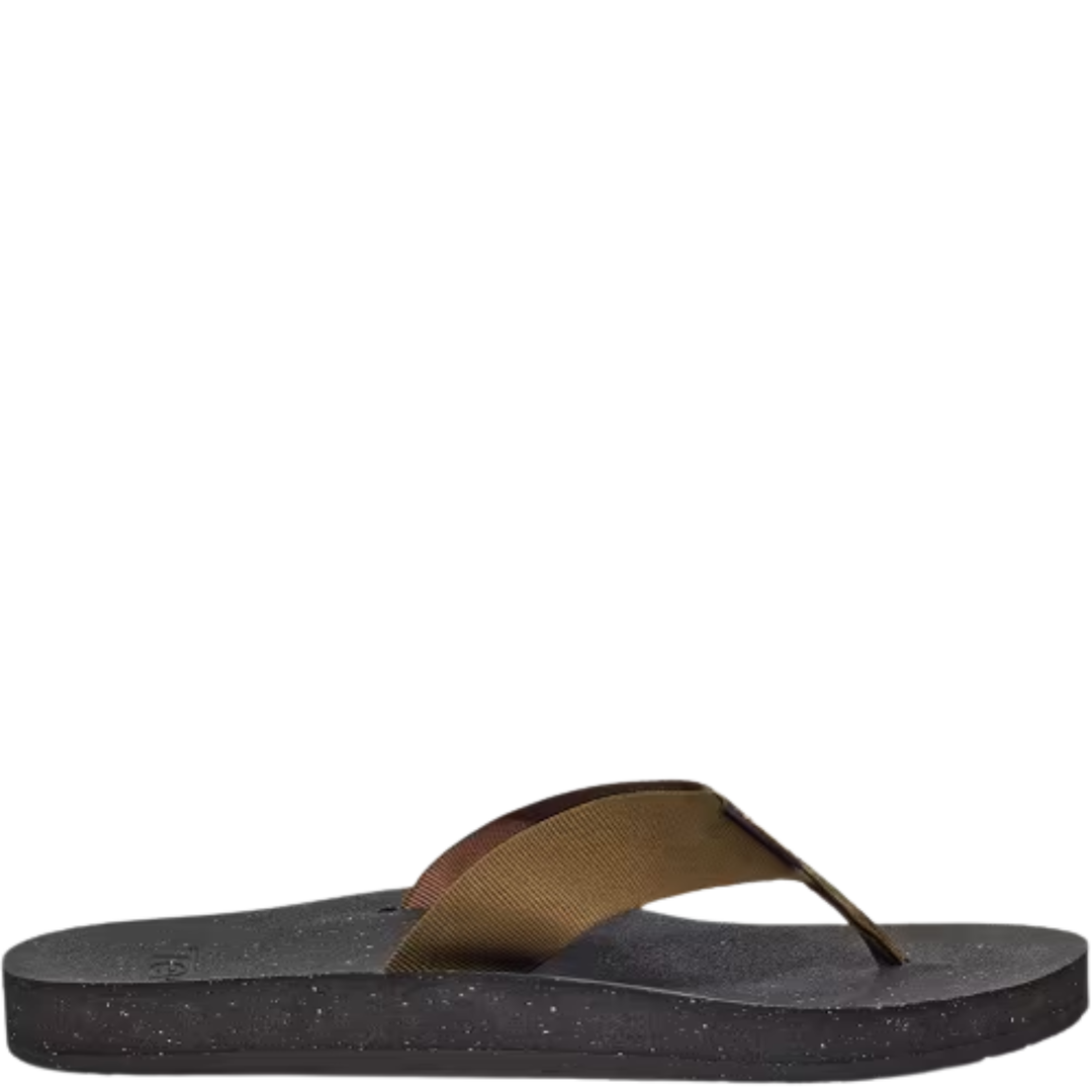Black sandal with olive/ brown strap on a white background