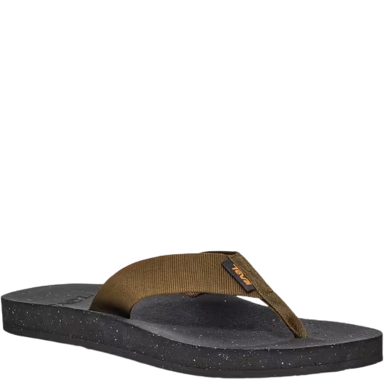 Brown/olive sandal with black sole on a white background