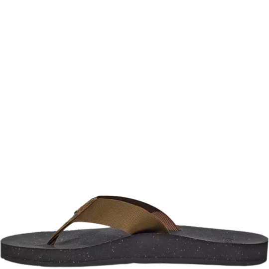 Flip-flop sandal with brown/olive strap and black sole on a white background