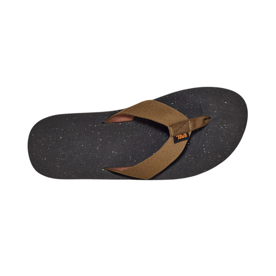Black sandal with brown/olive strap on a white background