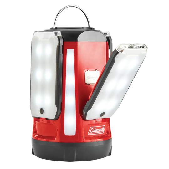 Red camping lantern with a handle on a white background
