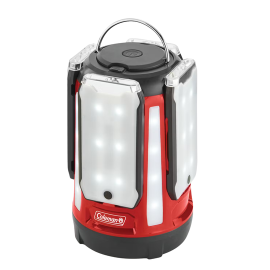 Red and black rechargeable lantern with clear side light panels and a carry handle