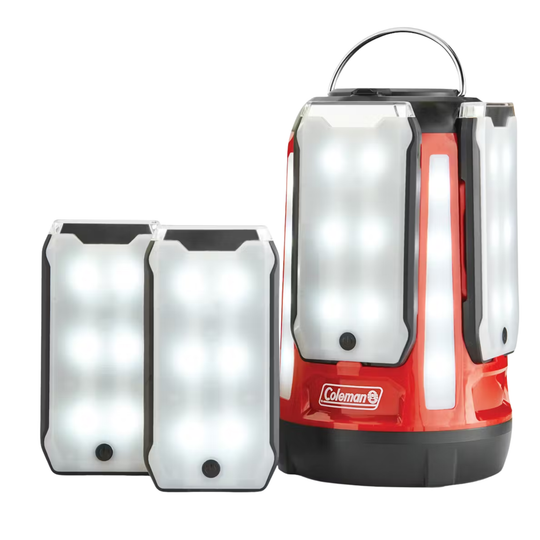 Red-and-black camping lantern with two detachable white light panels and a top carry handle