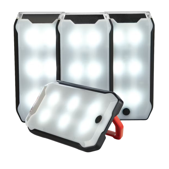 Two portable LED lights on a white background